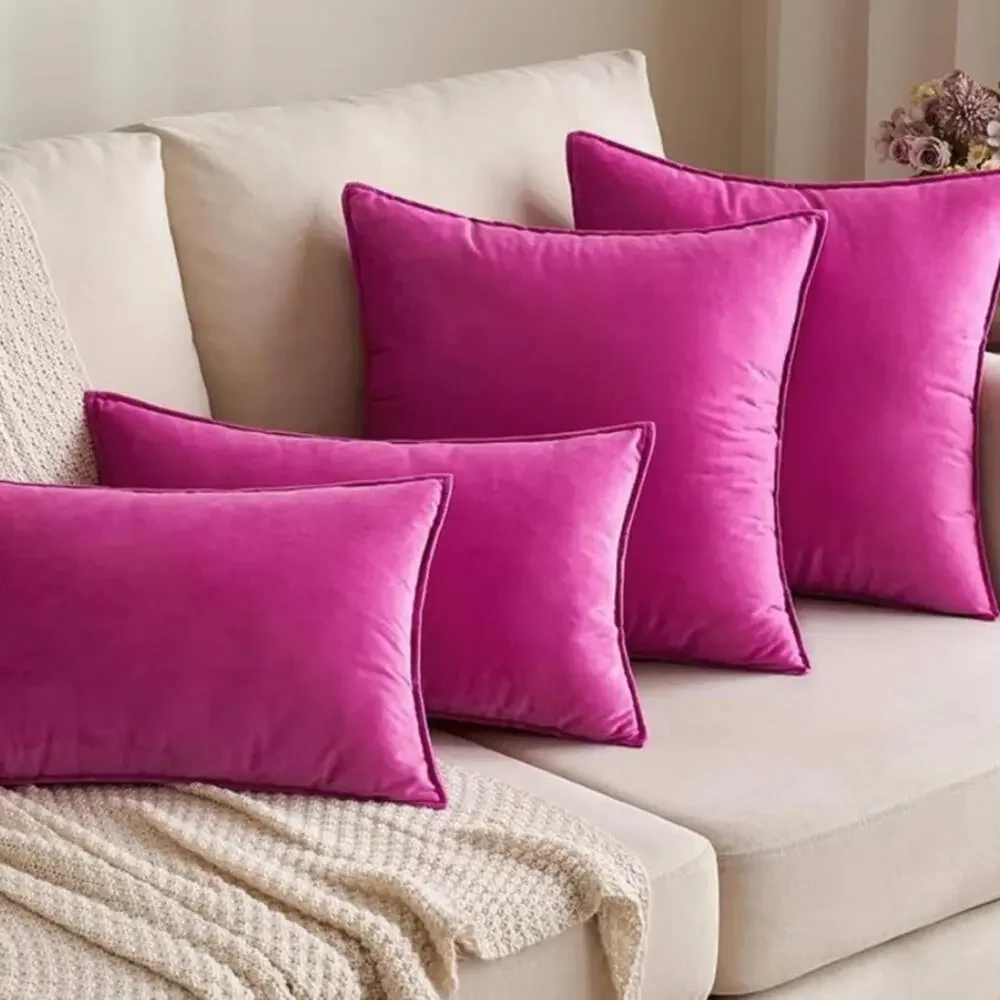 2 HOT PINK VELVET Euro Accent Pillow Covers Luxury High End Designer Cozy Soft